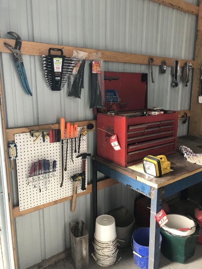TOOL BOX AND ASSORTED TOOLS INCLUDING WRENCH SETS, SCREW DRIVERS, SOCKETS A