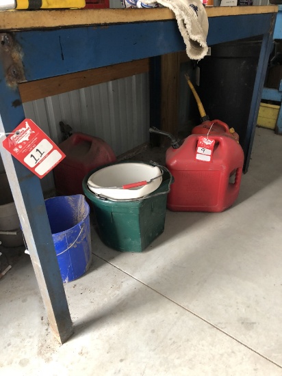 ASSORTED GAS CANS AND BUCKETS