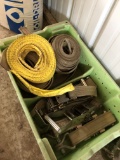 ASSORTED RATCHET STRAPS AND WOODEN TIE DOWNS