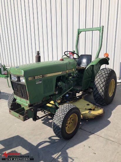 JOHN DEERE 850 COMPACT TRACTOR, DIESEL, UNDER BELLY MOWER, 3PT, 13.6/16 TURF TIRES, 1922 HOURS SHOWI