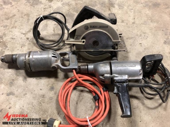 BLACK & DECKER 7 1/4 CIRCULAR SAW (1), MILLERS FALLS ELECTRIC DRILL (1), CAT #42A, AND SIOUX ELECTRI