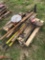 ASSORTED HAND TOOLS TO INCLUDE; SLEDGE HAMMER, PICKAXE, SHOVELS, AND MORE