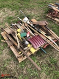 ASSORTED HAND TOOLS TO INCLUDE; SHOVELS, AXE, POST POUNDERS, AND MORE