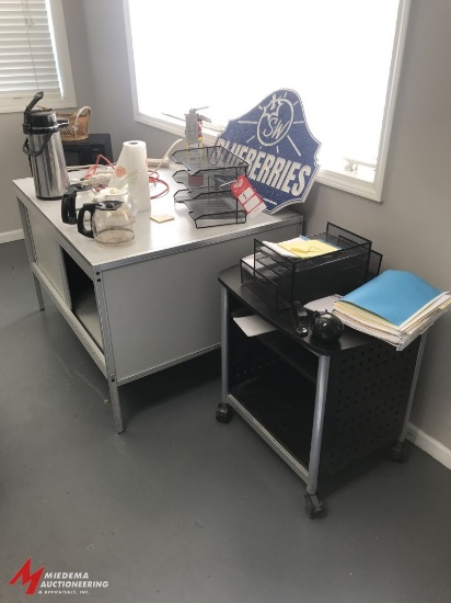 SMALL REFRIGERATOR, MICROWAVE, CABINET, DESK WITH CHAIR AND ROLLING STAND