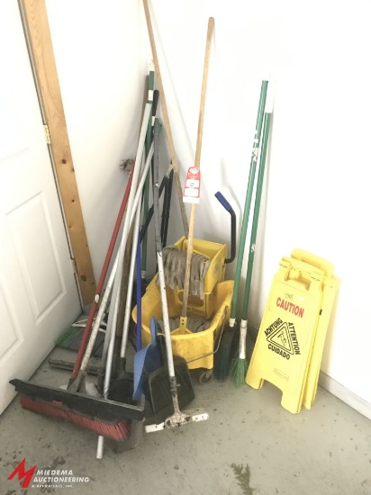 MOP BUCKET, MOPS, BROOMS, TRASH CANS, CLEANING SUPPLIES AND MORE