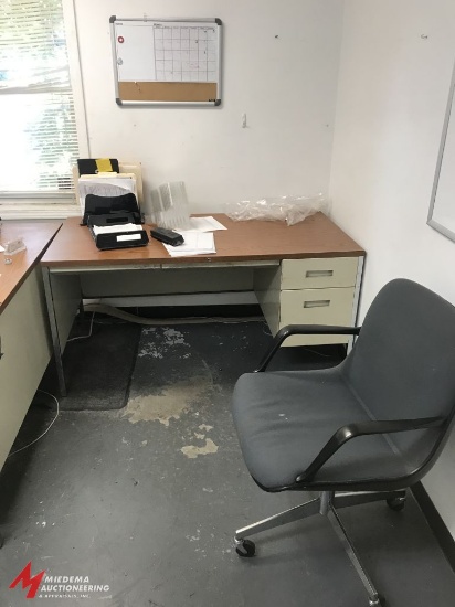 DESK (2), CHAIRS (3) AND WIRE MESH SHELF