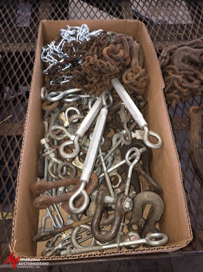 BOX OF ASSORTED TURNBUCKLES, SHACKLES, LIGHT DUTY CHAIN SECTIONS, AND MISCELLANEOUS OTHER HARDWARE.