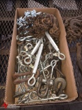 BOX OF ASSORTED TURNBUCKLES, SHACKLES, LIGHT DUTY CHAIN SECTIONS, AND MISCELLANEOUS OTHER HARDWARE.