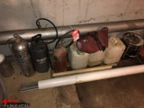 ASSORTED CONTAINERS, FIRE EXTINGUISHER, AND SPRAYERS (AUGER NOT INCLUDED)