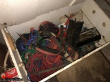 BOX OF HORSE TACK INCLUDING HALTERS, LEAD ROPE AND MORE