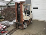 NISSAN 50 HARD TIRE FORKLIFT, PROPANE, 3-STAGE MAST, SIDE SHIFT, 4500LBS, 13830 HOURS SHOWING