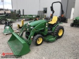 JOHN DEERE 2025R COMPACT TRACTOR WITH H130 LOADER, 2014, 3-POINT, PTO, 4WD, 54D ONRAMP MOWER DECK, 2