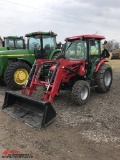 MAHINDRA 2555 TACTOR WITH MAHINDRA 2355CL LOADER ATTACHMENT, 4WD, 3-POINT, PTO, 1-REMOTE, CAB, 16.9-