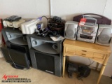 LOT OF ELECTRONICS, [2] LARGE GOLLEHAN SPEAKERS, TV, KEYBOARD, GPS RADIO