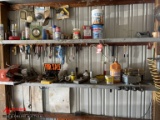 ASSORTMENT OF ITEMS INCLUDING BENCH GRINDER, HAND TOOLS, PRIMER & MORE. CONTENTS OF SHELVING.