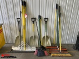 ASSORTED BROOMS, SHOVELS, SQUEEGEES
