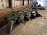 JOHN DEERE F145 MOLD BOARD PLOW, 4-16'' BOTTOMS, COULTERS, 2-PT. SEMI MOUNT, HYDRAULIC LIFT [LOCATED