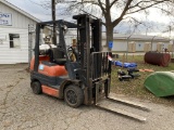 TOYOTA HARD TIRE FORKLIFT, 3-STAGE MAST, SIDE SHIFT, PROPANE POWERED, 4900 LBS CAPACITY