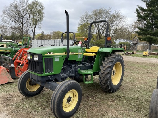 JOHN DEERE 5103 TRACTOR, 3PT, PTO, 2-REMOTES, OROPS, 3-CYLINDER DIESEL, 13.6-28 REAR TIRES, 1386 HOU
