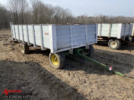 FLATBED WAGON WITH SIDES, JOHN DEERE 720 RUNNING GEAR, TRUCK TIRES, 14' X 8'