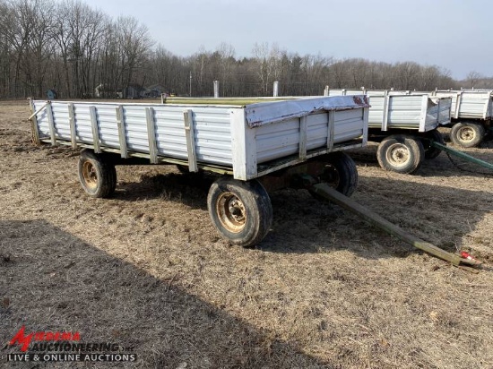 FLATBED WAGON WITH SIDES, HUSKEE T-10 RUNNING GEAR, 14' X 8'