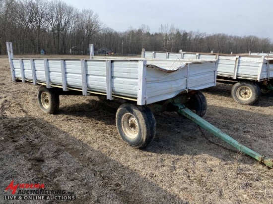 FLATBED WAGON WITH SIDES, HUSKEE T-8 RUNNING GEAR, 14' X 8'