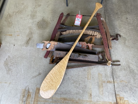 ASSORTED VINTAGE TOOLS & WALL HANGING ITEMS