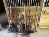 ASSORTED HAND TOOLS, SHOVELS, RAKES, BROOMS