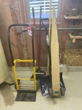 2-WHEEL DOLLY & ASSORTED BROOMS & SHOVEL, MACHINE MOVER