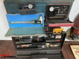 ASSORTED MICROMETERS, DIAL GAUGES, CALIPER, TOOL BOX AND MORE