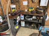 BENCH WITH ASSORTED GREASE GUNS, FUNNELS, DRAIN PANS