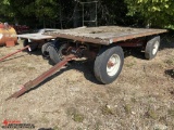 FLAT BED WAGON, 8' X 14', DECK NEEDS REPAIR, TRUCK TIRES, EXTENDABLE TONGUE