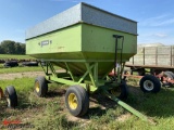 PARKER GRAVITY WAGON ON JOHN DEERE 1065A RUNNING GEAR, REAR HITCH, EXTENDABLE TONGUE