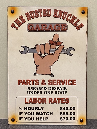 ''The Busted Knuckle Garage'' metal sign, 12'' x 8''