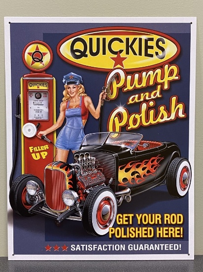 ''Quickies Pump & Polish'' metal sign, 16'' x 12-1/2''