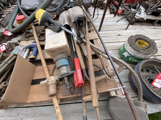 ASSORTED SHOVELS, RAKES, ELECTRIC WEED EATER & MORE