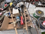 ASSORTED SHOVELS, RAKES, ELECTRIC WEED EATER & MORE