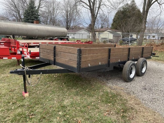ASSEMBLED 14' X 6'5'' TANDEM AXLE TRAILER, 15'' SIDES, BOARDS ARE 2X12 WHITE OAK, 2-5/16'' BALL, SEL