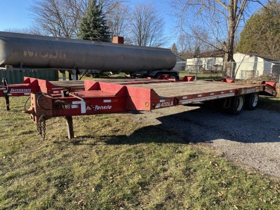 2002 INTERSTATE 20-TON TANDEM AXLE EQUIPMENT TRAILER, 20' DECK, 5' BEAVERTAIL, RAMPS, AIR BRAKES, VI