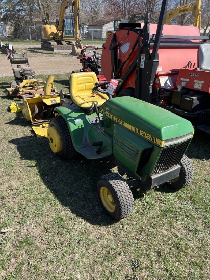 JOHN DEERE 212 RIDING LAWN MOWER, WITH FRONT 3' SNOWBLOWER, 42'' FRONT BLADE, TIRE CHAINS, 46'' MOWE