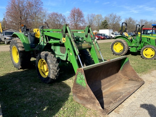 JOHN DEERE 6120 TRACTOR, DIESEL, 4X4, JOHN DEERE 640 LOADER, FOLD DOWN ROPS, 3PT, PTO, 2-REMOTES, 46