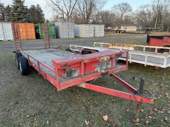 ASSEMBLED TANDEM AXLE EQUIPMENT TRAILER, 78'' X 19', 5000LB WINCH, NO BATTERY, STAND UP RAMPS, ELECT