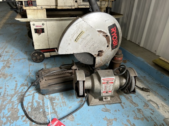 RYOBI CHOP SAW, WISSOTA BENCH GRINDER, CABLE CUTTER