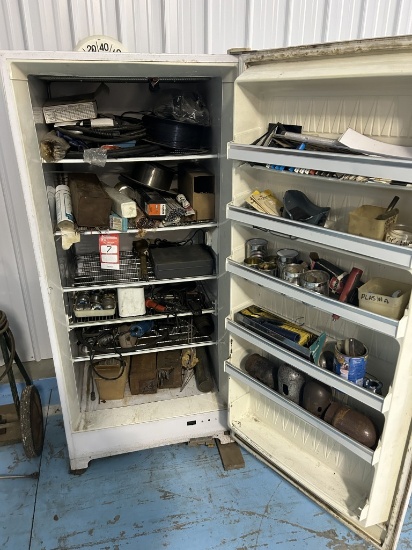 REFRIGERATOR CABINET WITH WELDING SUPPLIES, WELDING ROD, WELDING WIRE, LEADS, SOLDER & SOLDERING IRO