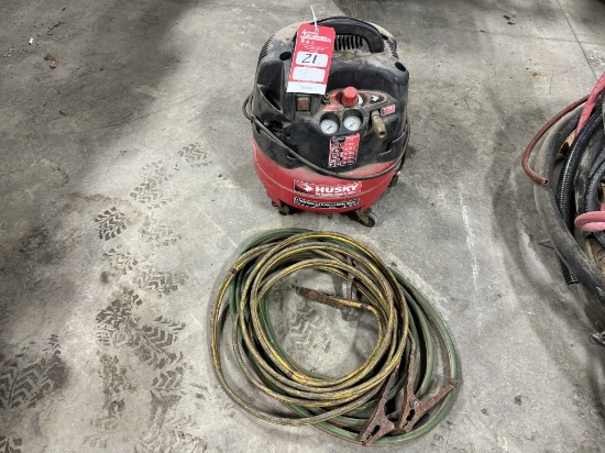 HUSKY AIR COMPRESSOR, JUMPER CABLES & TORCH HOSE