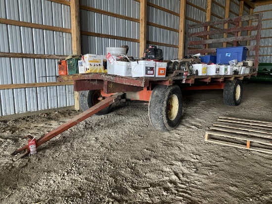HAY WAGON WITH REAR RACK, DEMCO RUNNING GEAR, 18' X 8'