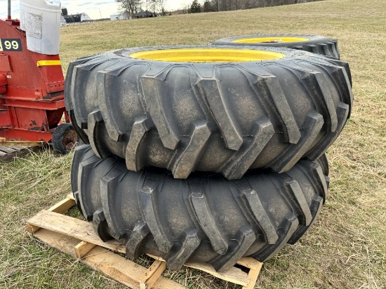 NEW HARVEST KING 20.8-38 TIRES ON INSIDE RIMS, CAME OFF JOHN DEERE 55 SERIES TRACTOR, (2 QTY.)