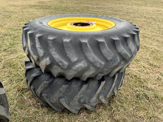 20.8-38 TIRES ON OUTSIDE DUAL RIMS, CAME OFF JOHN DEERE 55 SERIES TRACTOR. (2 QTY.)