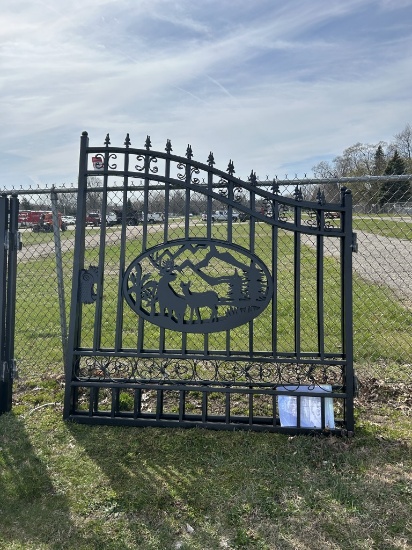WROUGHT IRON GATE WITH DEER ARTWORK IN THE MIDDLE, 14'