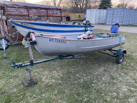 MEYERS 12' ALUMINUM BOAT, 8-HP JOHNSON OUTBOARD MOTOR, WITH ASSEMBLED SINGLE AXLE TRAILER, 1-7/8'' B